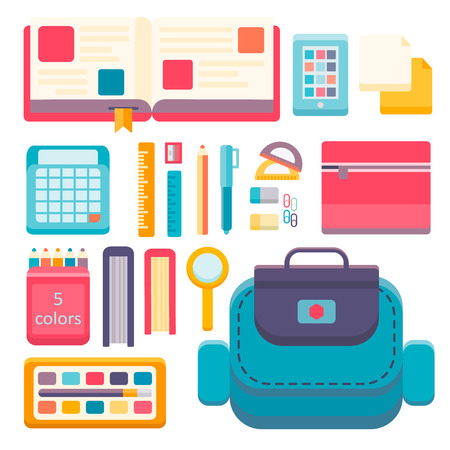 Back to school flat design modern vector illustration background with education icon set. School supplies : schoolbook, notebook, pen, pencil, paints, stationary school bag etc.のイラスト素材