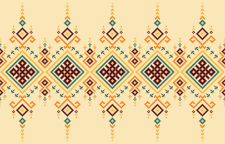 fabric pattern is a colorful, geometric seamless pattern on a beige background. The squares, triangles, and rectangles are arranged in a way that makes the pattern visually interesting.のイラスト素材