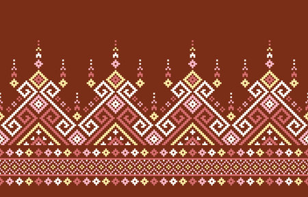 Ethnic pattern features a captivating mix of geometric shapes and stylized floral motifs on a brown background.  Bold colors create a visually striking and seamless design.のイラスト素材