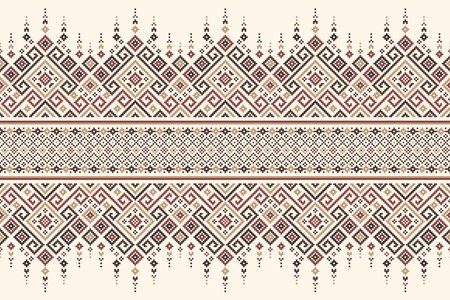 Ethnic pattern features interlocking diamonds and triangles in shades of red, yellow, and brown on a beige background. The seamless design creates a visually.のイラスト素材