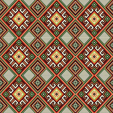 Pixel art ethnic pattern Squares and triangles in a retro ethnic design create a seamless geometric pattern on a beige backgroundのイラスト素材