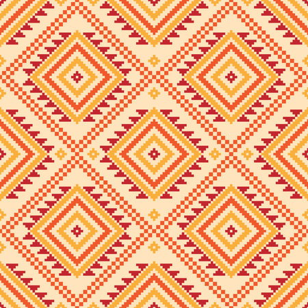 Native embroidery pattern. Geometric pattern features colorful geometric shapes, including squares, triangles, and diamonds, arranged, native pattern, ecorative, ethnic, fabric.のイラスト素材