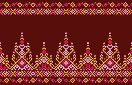 Seamless geometric pattern. Cross stitch pattern on brown red background. Design for cross stitch,ethnic,fabric,pattern,embroidery,motif, cross,stitch,folk,retro,pixel,handcraft,abstract,batik,zigzag.のイラスト素材