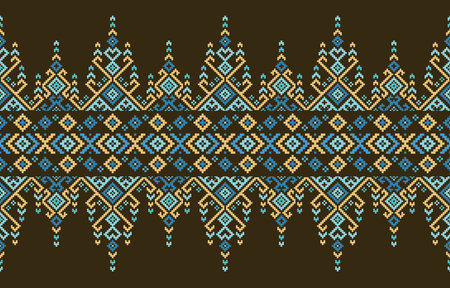 Cross stitch pattern of geometric shapes brown background. on  Design for cross stitch,ethnic,fabric,pattern,embroidery,motif, cross,stitch,folk,retro,pixel,handcraft,abstract,batik,zigzag.のイラスト素材