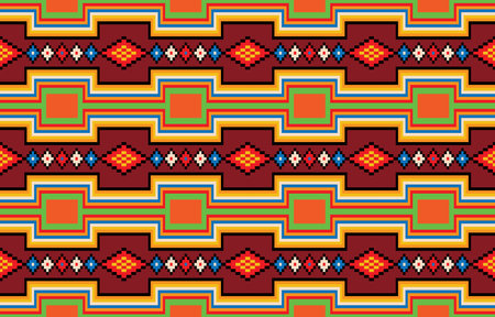 This vibrant cross stitch pattern geometric design inspired by traditional ethnic textiles. The pattern is composed of bold, contrasting colors, including red, orange, yellow, green, blue, and black.のイラスト素材