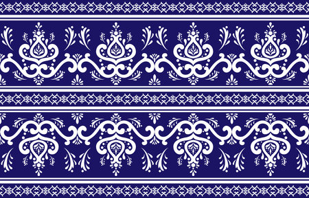 Ethnic pattern. Native fabric pattern consisting of white patterns and a blue background. Design for indigenous style, fabric, boho, carpet, ikat, tribal, batik, vector, illustration.のイラスト素材