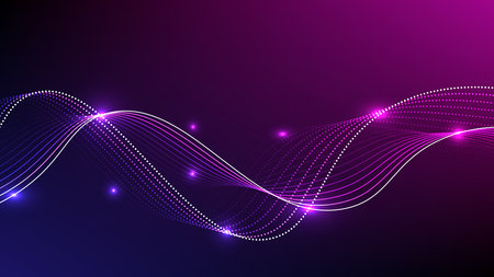 Abstract neon wave lines on dark background. Design for futuristic, fiber optic, wave, telecoms, digital,  internet, online, network, communication, connection.のイラスト素材