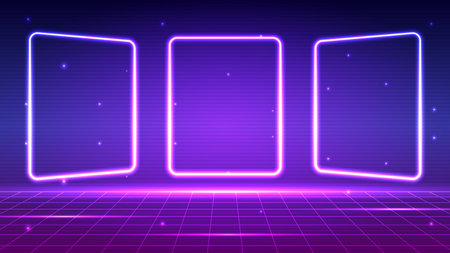 Retro frame cyberpunk technology style background. Frame neon background concept. Design for wireframe,  light, grid, landscapes, retro, 80s, 90s.のイラスト素材