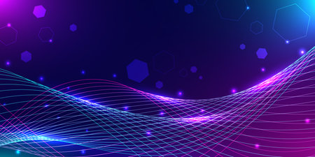 High-tech cybernetic wave pattern with featuring glowing neon blue and purple light curves data artificial intelligence and audio spectrum.のイラスト素材