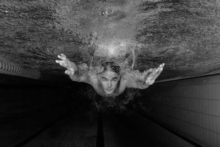 Young swimmer swimming underwater in the poolの写真素材