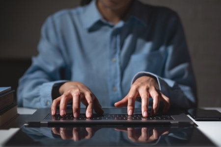 Hands of student learning with typing on laptop. E-learning technology conceptの写真素材