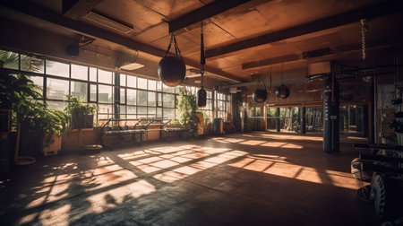 Gym or fitness with sunset light background for web design template website.の素材