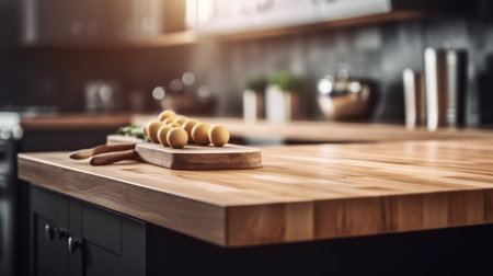 Empty wooden kitchen countertop with copy space over kitchen background.for product display montage. AI Generation.の素材