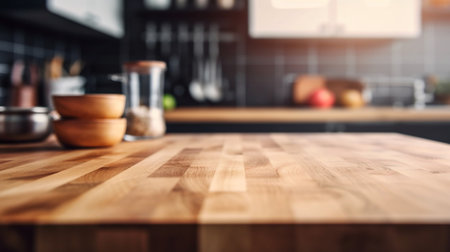 Empty wooden kitchen countertop with copy space over kitchen background.for product display montage. AI Generation.の素材