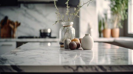 Empty marble countertop kitchen with copy space over kitchen background.for product display montage. AI generation.の素材