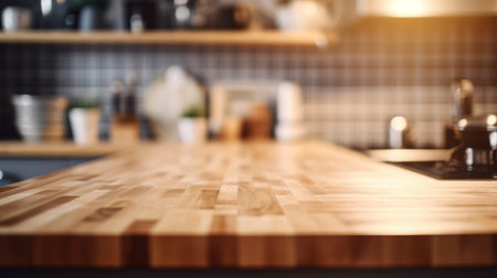 Empty wooden kitchen countertop with copy space over kitchen background.for product display montage. AI Generation.の素材