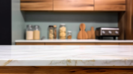 Empty marble countertop kitchen with copy space over kitchen background.for product display montage. AI generation.の素材
