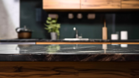 Empty marble countertop kitchen with copy space over kitchen background.for product display montage. AI generation.の素材