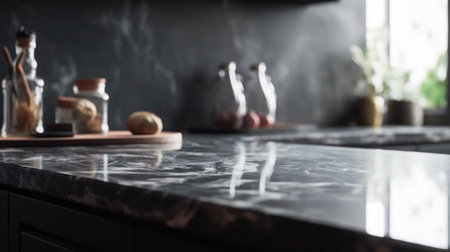 Empty marble countertop kitchen with copy space over kitchen background.for product display montage. AI generation.の素材