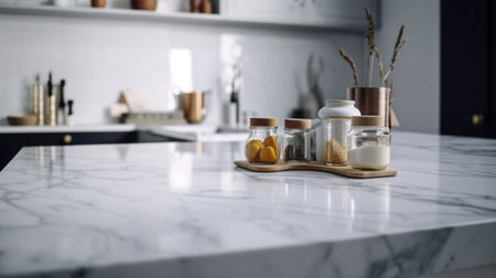 Empty marble countertop kitchen with copy space over kitchen background.for product display montage. AI generation.の素材