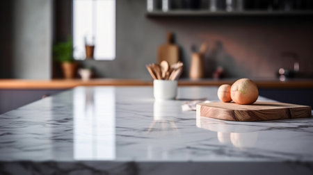 Empty marble countertop kitchen with copy space over kitchen background.for product display montage. AI generation.の素材