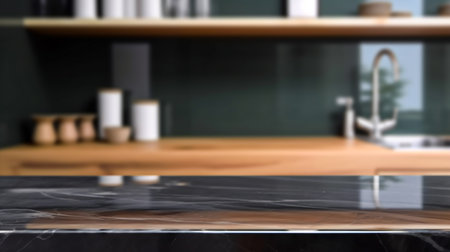 Empty marble countertop kitchen with copy space over kitchen background.for product display montage. AI generation.の素材