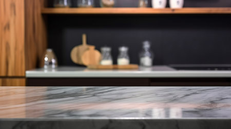 Empty marble countertop kitchen with copy space over kitchen background.for product display montage. AI generation.の素材
