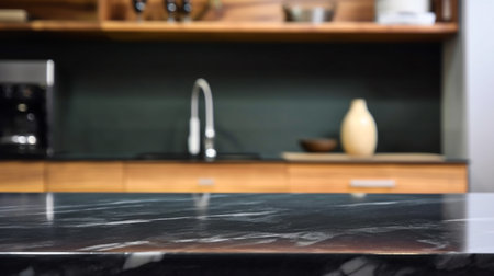 Empty marble countertop kitchen with copy space over kitchen background.for product display montage. AI generation.の素材