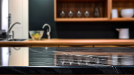 Empty marble countertop kitchen with copy space over kitchen background.for product display montage. AI generation.の素材