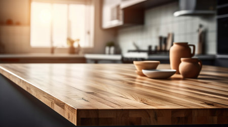 Empty wooden kitchen countertop with copy space over kitchen background.for product display montage. AI Generation.の素材
