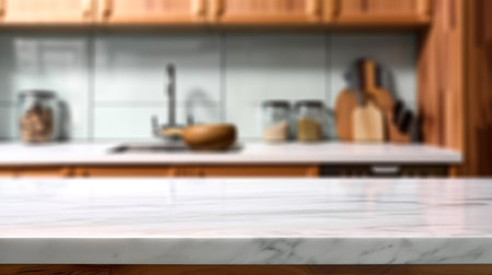 Empty marble countertop kitchen with copy space over kitchen background.for product display montage. AI generation.の素材
