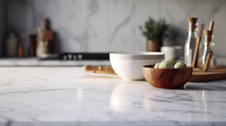 Empty marble countertop kitchen with copy space over kitchen background.for product display montage. AI generation.の素材