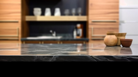Empty marble countertop kitchen with copy space over kitchen background.for product display montage. AI generation.の素材