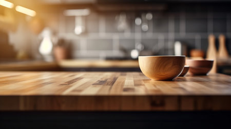 Empty wooden kitchen countertop with copy space over kitchen background.for product display montage. AI Generation.の素材