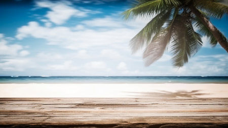 Empty wooden desk or wooden floor space and summer sea side sunny day on background. Product display montage. template web site design.の素材