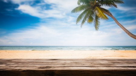 Empty wooden desk or wooden floor space and summer sea side sunny day on background. Product display montage. template web site design.の素材