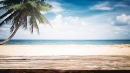 Empty wooden desk or wooden floor space and summer sea side sunny day on background. Product display montage. template web site design.の素材