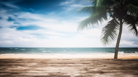Empty wooden desk or wooden floor space and summer sea side sunny day on background. Product display montage. template web site design.の素材