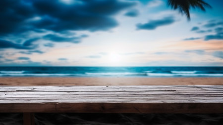 Empty wooden desk or wooden floor space and summer sea side sunny day on background. Product display montage. template web site design.の素材