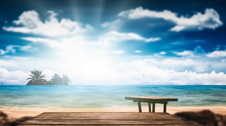 Empty wooden desk or wooden floor space and summer sea side sunny day on background. Product display montage. template web site design.の素材