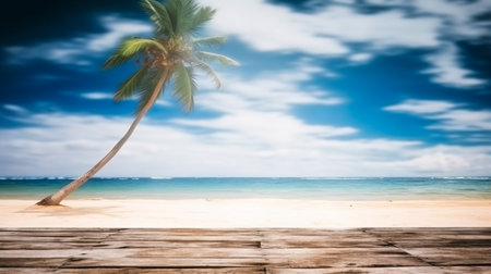 Empty wooden desk or wooden floor space and summer sea side sunny day on background. Product display montage. template web site design.の素材