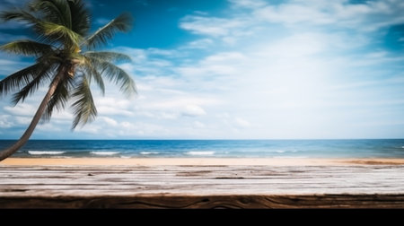 Empty wooden desk or wooden floor space and summer sea side sunny day on background. Product display montage. template web site design.の素材