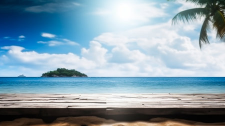 Empty wooden desk or wooden floor space and summer sea side sunny day on background. Product display montage. template web site design.の素材