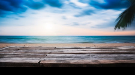 Empty wooden desk or wooden floor space and summer sea side sunny day on background. Product display montage. template web site design.の素材