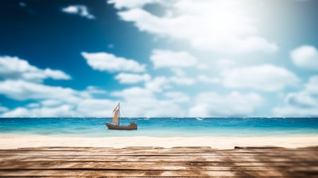 Empty wooden desk or wooden floor space and summer sea side sunny day on background. Product display montage. template web site design.の素材
