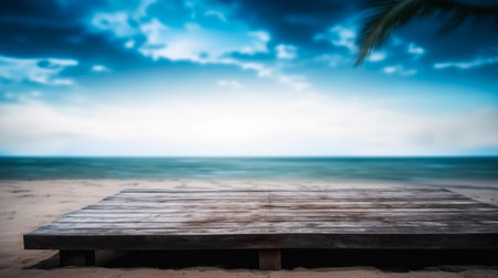 Empty wooden desk or wooden floor space and summer sea side sunny day on background. Product display montage. template web site design.の素材