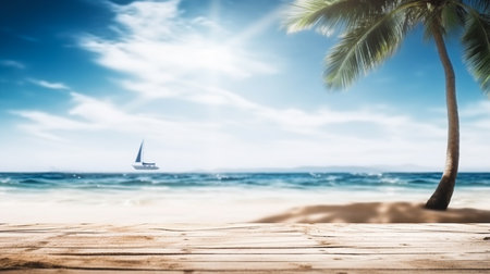 Empty wooden desk or wooden floor space and summer sea side sunny day on background. Product display montage. template web site design.の素材