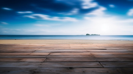 Empty wooden desk or wooden floor space and summer sea side sunny day on background. Product display montage. template web site design.の素材
