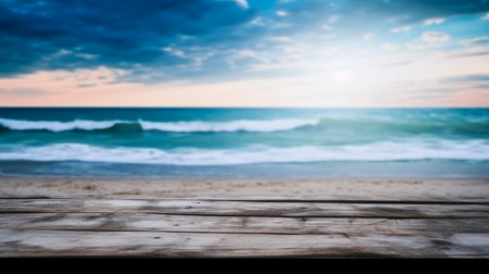 Empty wooden desk or wooden floor space and summer sea side sunny day on background. Product display montage. template web site design.の素材