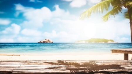 Empty wooden desk or wooden floor space and summer sea side sunny day on background. Product display montage. template web site design.の素材